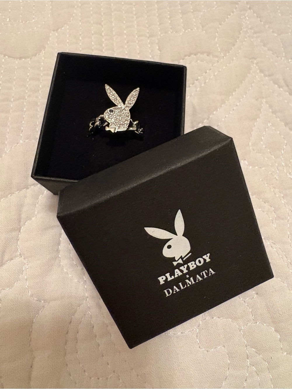 PLAYBOY DalmatA Crystal Bunny Ring - Silver size 7